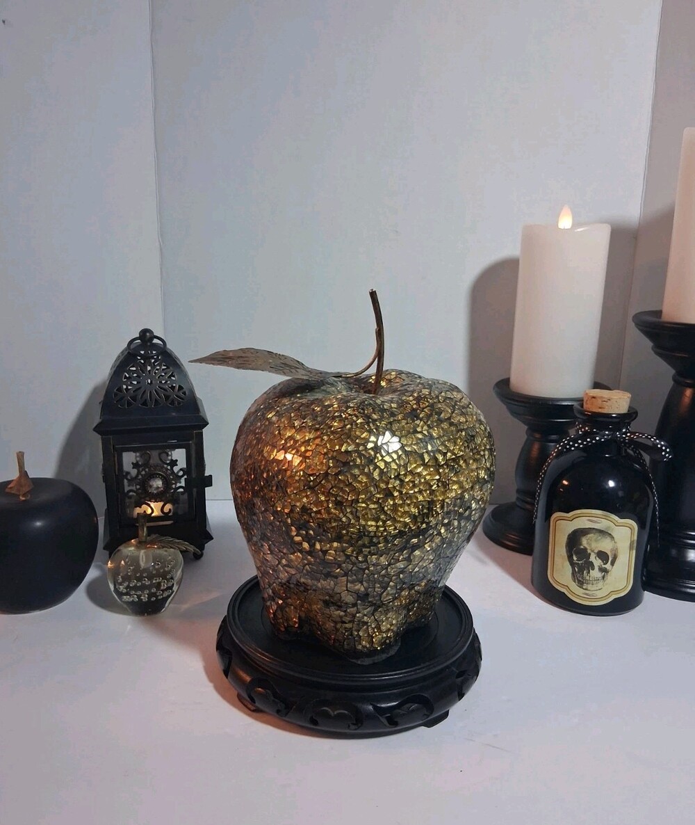 Bombay Co.2011 Mosaic Gold CRACKLE Glass Apple Figure Decor Black Pedestal Stand